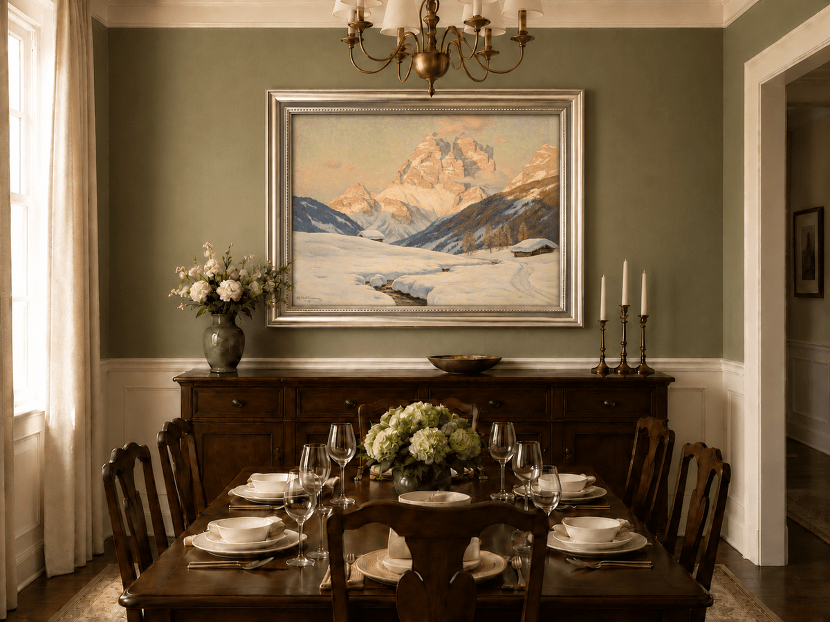Landscape Oil Painting - Snowy Alpine Valley at Sunrise