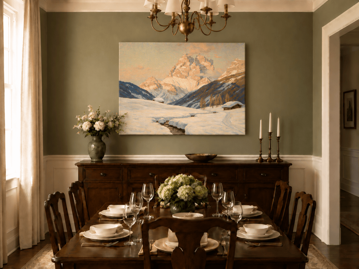 Landscape Oil Painting - Snowy Alpine Valley at Sunrise