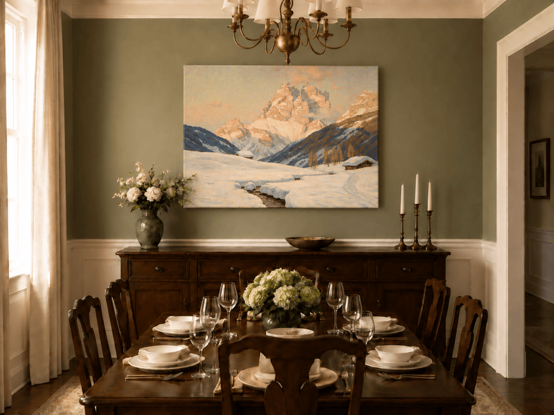 Landscape Oil Painting - Snowy Alpine Valley at Sunrise