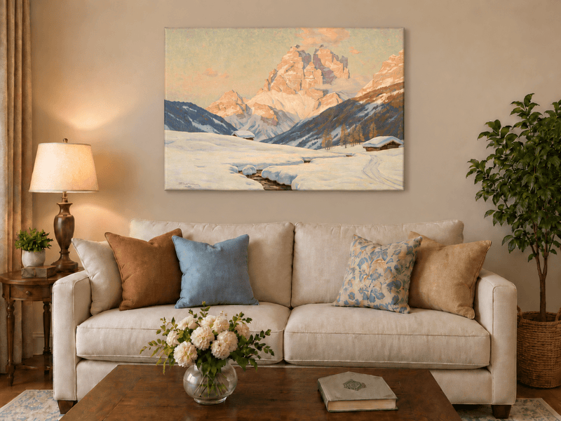 Landscape Oil Painting - Snowy Alpine Valley at Sunrise
