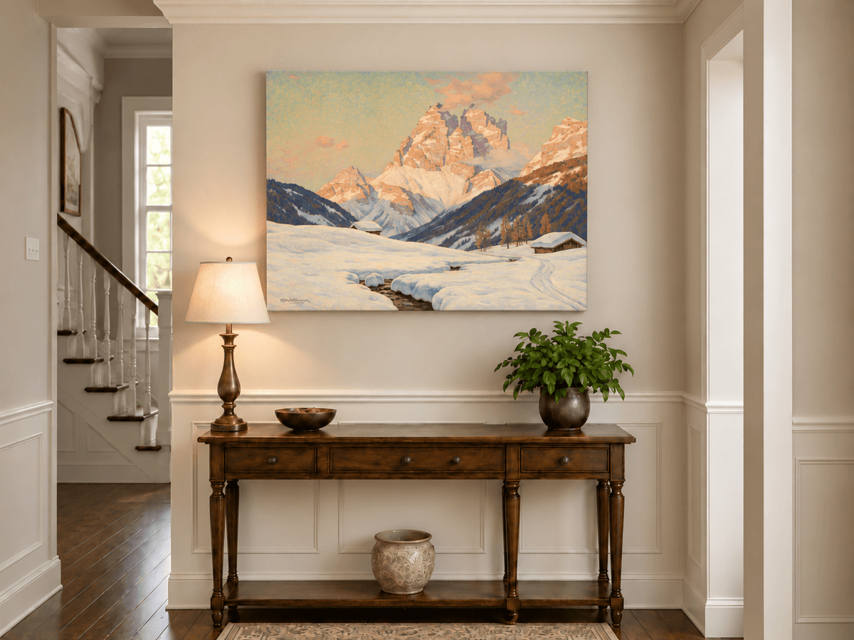 Landscape Oil Painting - Snowy Alpine Valley at Sunrise