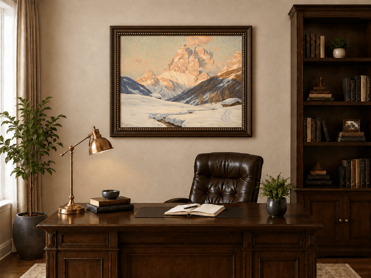 Landscape Oil Painting - Snowy Alpine Valley at Sunrise
