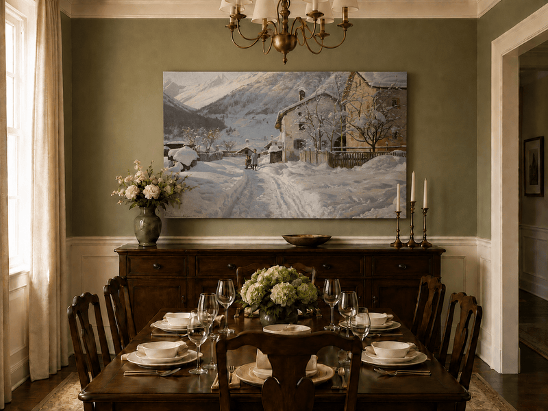Landscape Oil Painting - Snowy Alpine Village Path