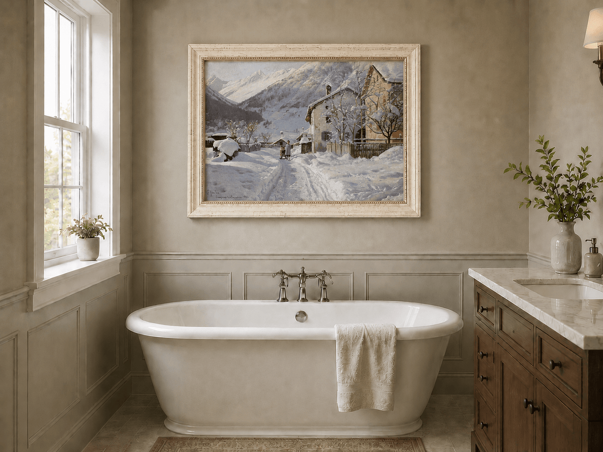 Landscape Oil Painting - Snowy Alpine Village Path