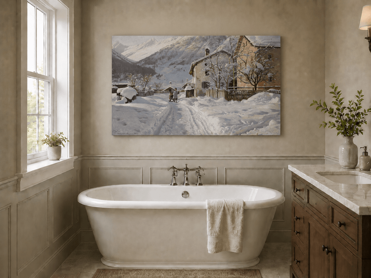 Landscape Oil Painting - Snowy Alpine Village Path