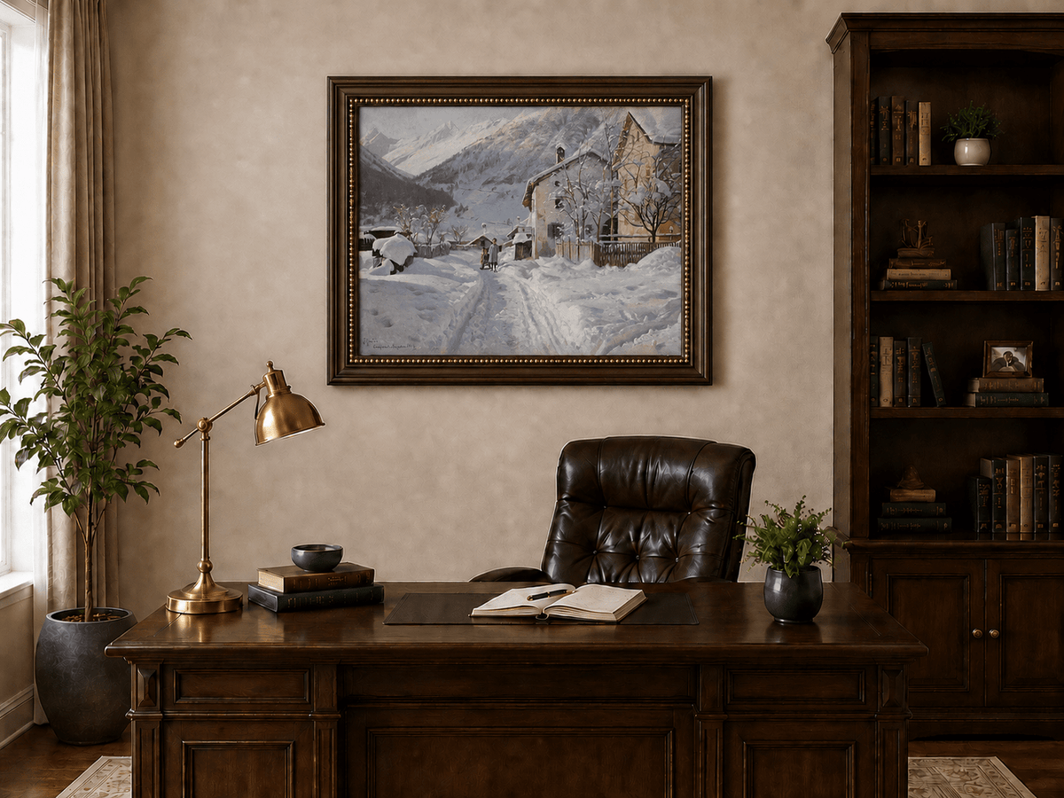 Landscape Oil Painting - Snowy Alpine Village Path