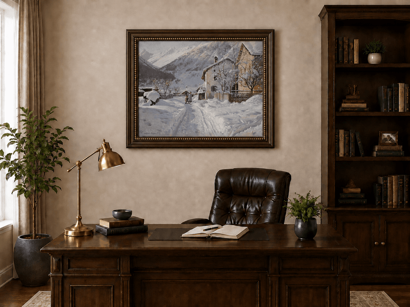 Landscape Oil Painting - Snowy Alpine Village Path