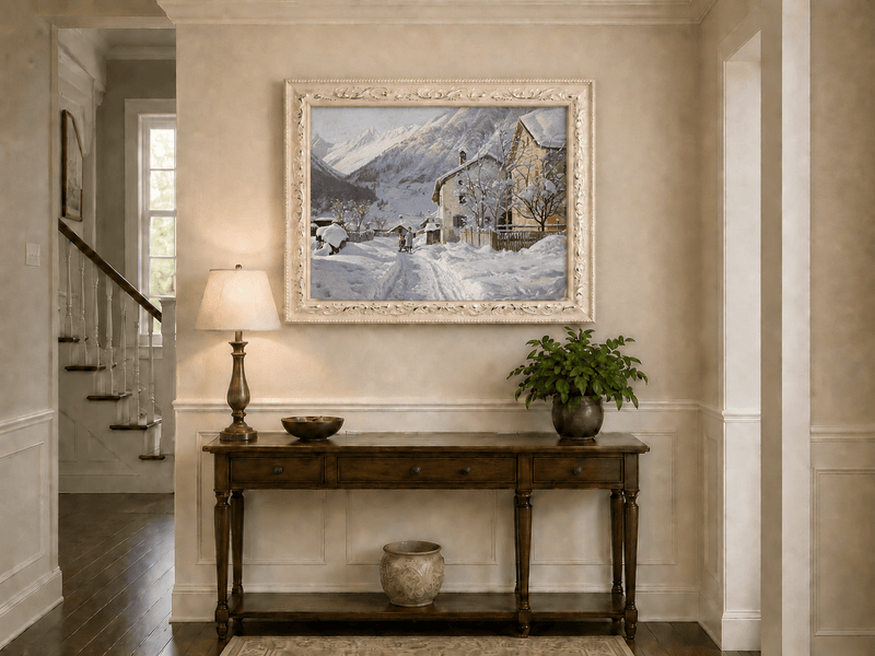 Landscape Oil Painting - Snowy Alpine Village Path