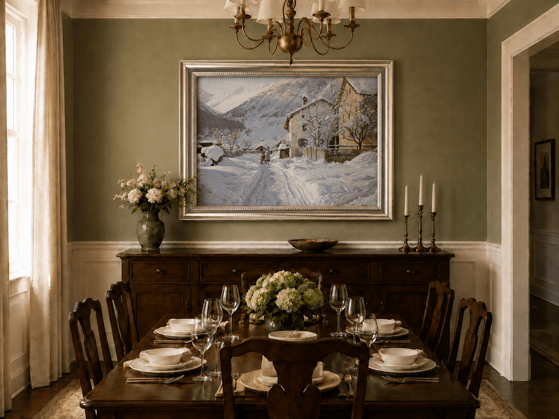 Landscape Oil Painting - Snowy Alpine Village Path