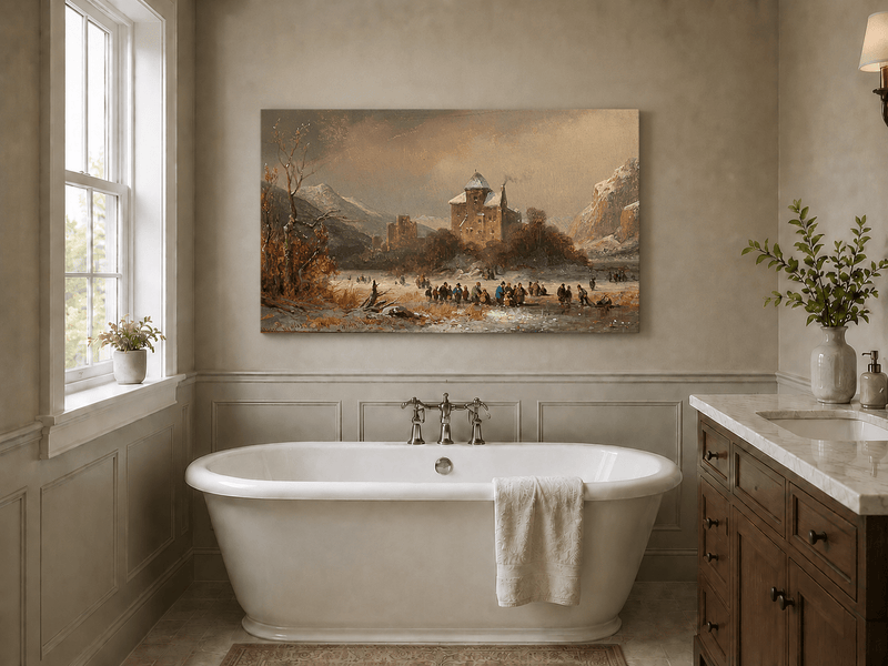 Peinture à l'huile de paysage - Gouffre rocheux spectaculaire avec personnages