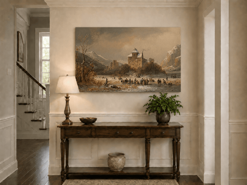 Peinture à l'huile de paysage - Gouffre rocheux spectaculaire avec personnages