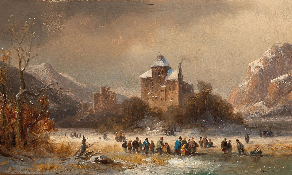 Hand-painted snowy castle and mountain ice scene landscape oil painting on canvas