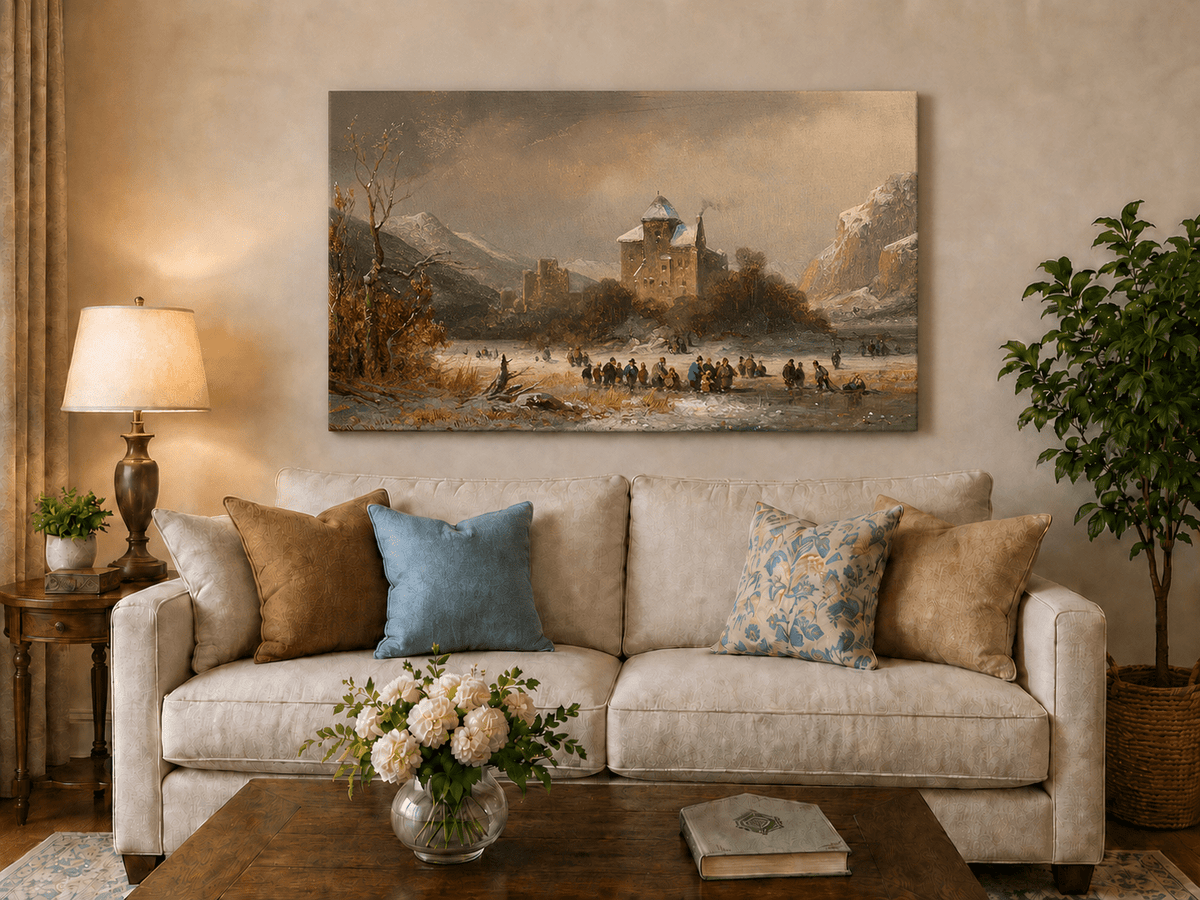 Peinture à l'huile de paysage - Gouffre rocheux spectaculaire avec personnages