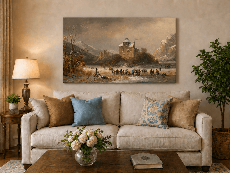 Peinture à l'huile de paysage - Gouffre rocheux spectaculaire avec personnages