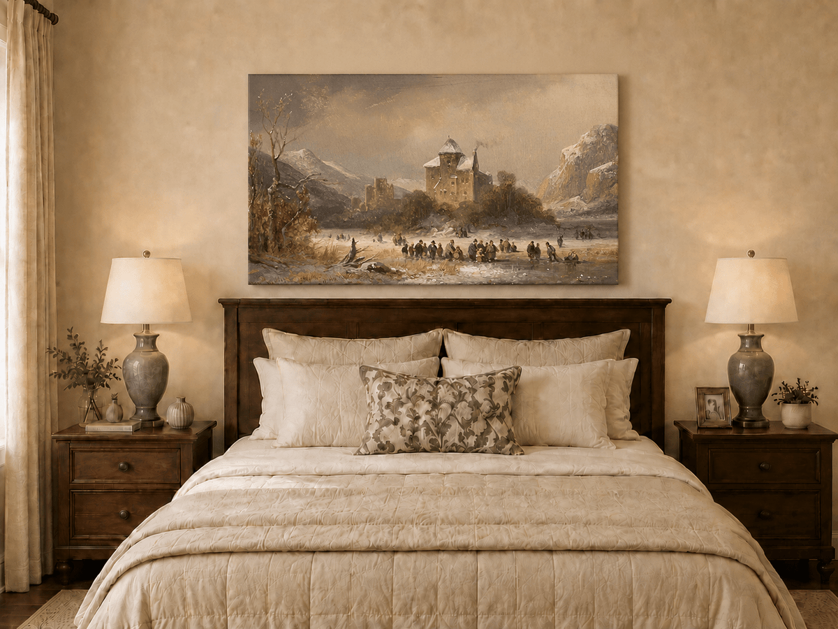 Peinture à l'huile de paysage - Gouffre rocheux spectaculaire avec personnages
