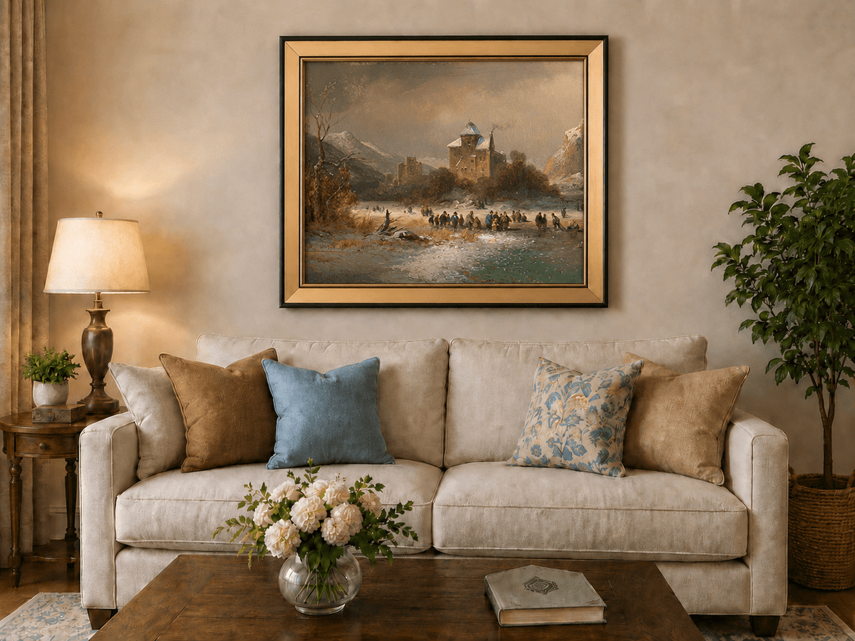 Peinture à l'huile de paysage - Gouffre rocheux spectaculaire avec personnages