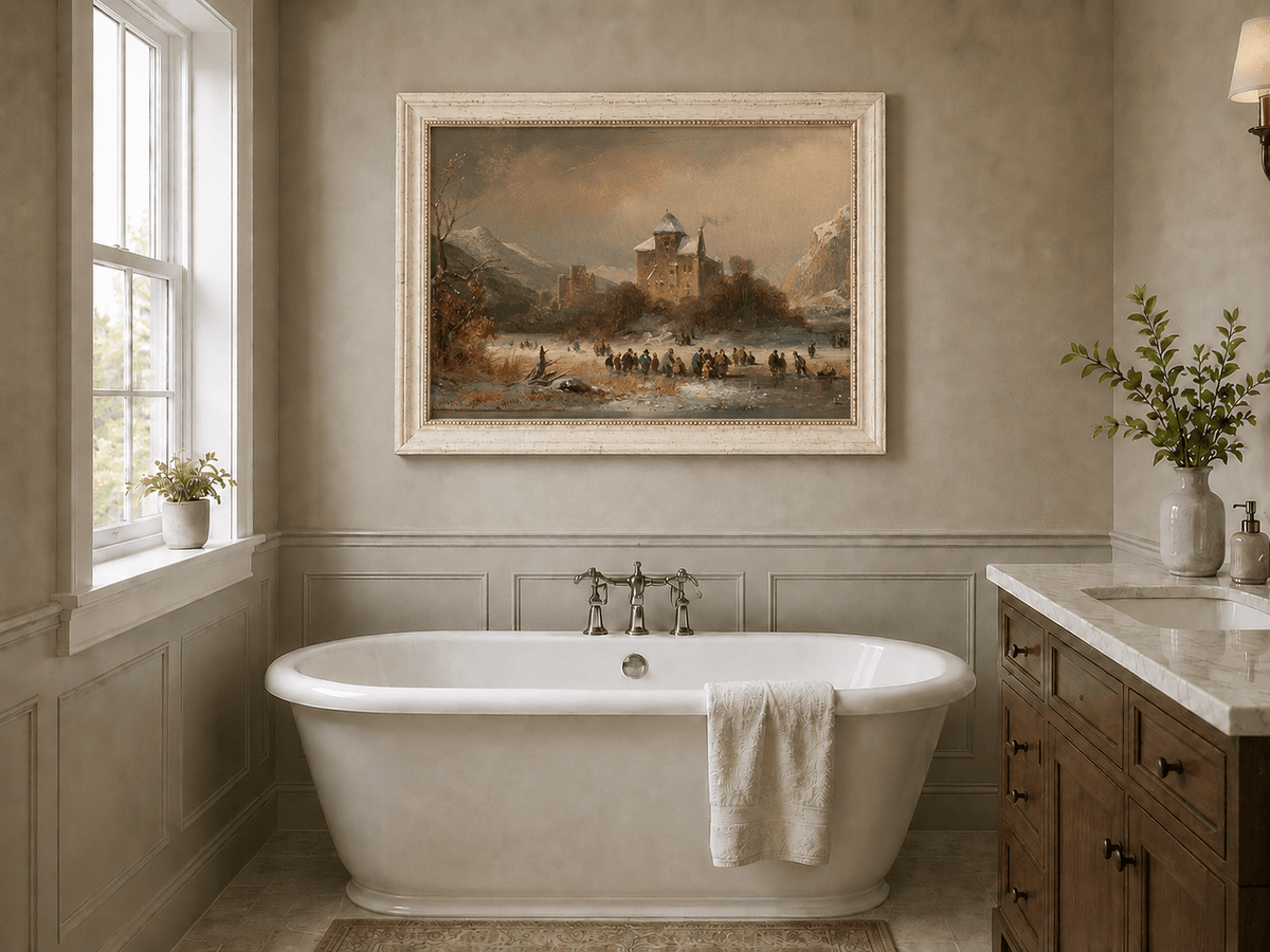 Peinture à l'huile de paysage - Gouffre rocheux spectaculaire avec personnages