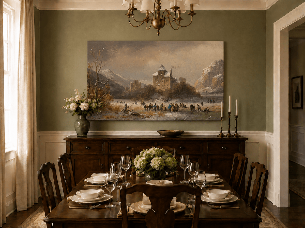 Peinture à l'huile de paysage - Gouffre rocheux spectaculaire avec personnages