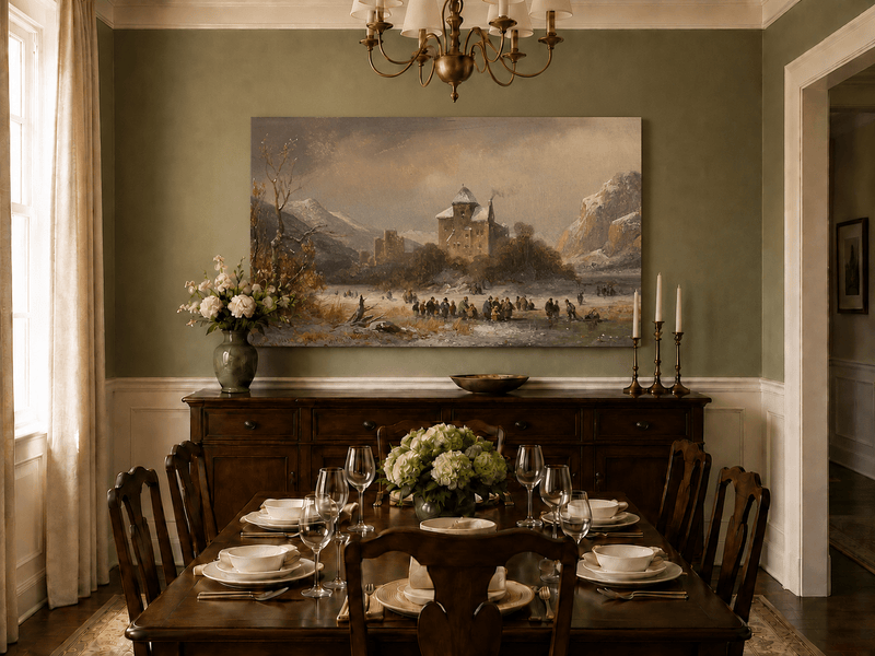 Peinture à l'huile de paysage - Gouffre rocheux spectaculaire avec personnages