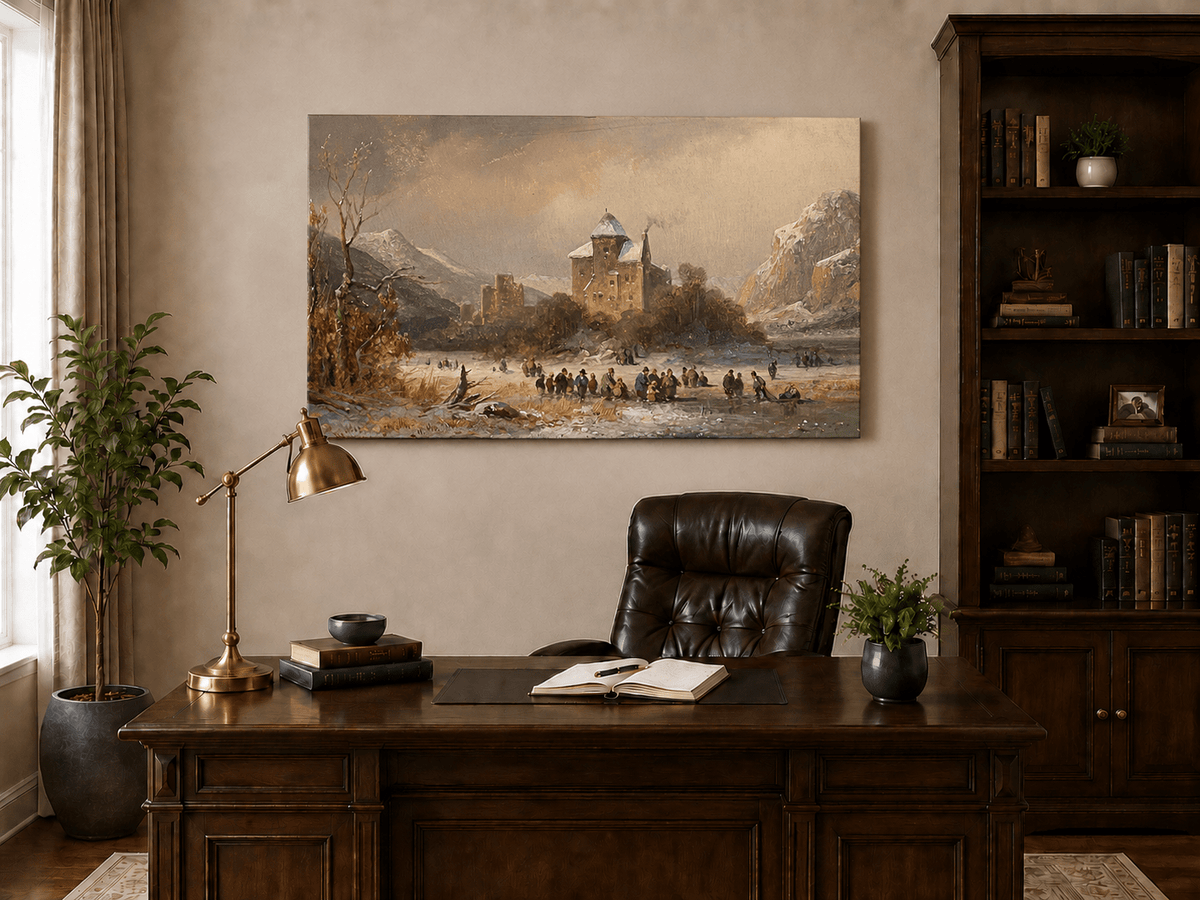 Peinture à l'huile de paysage - Gouffre rocheux spectaculaire avec personnages