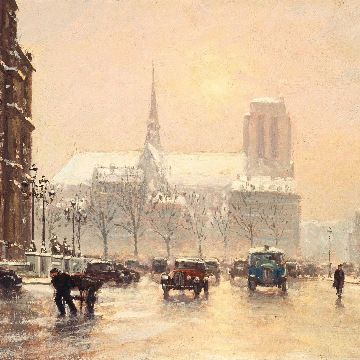 Hand-painted snowy cathedral square with vintage cars landscape oil painting on canvas