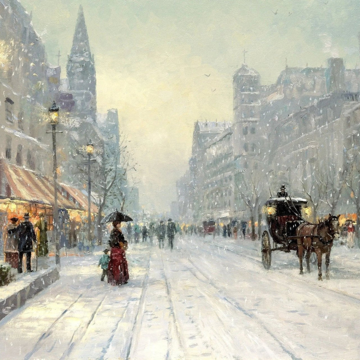 Landscape Oil Painting - Snowy City Street with Horse - Drawn Carriage - Oil Painting Haven