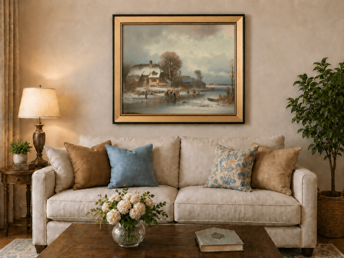 Peinture à l'huile de paysage - Village côtier avec phare et coucher de soleil