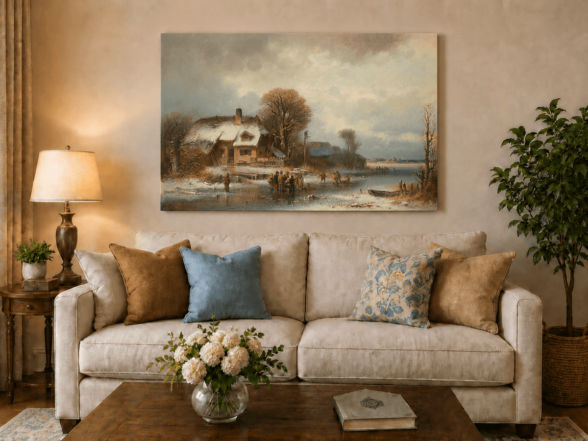 Peinture à l'huile de paysage - Village côtier avec phare et coucher de soleil