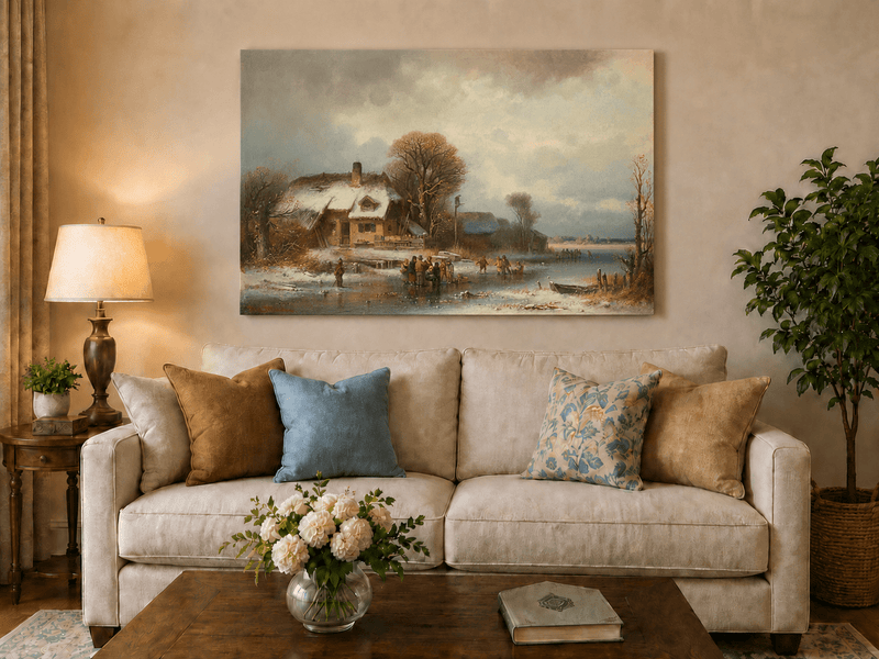 Peinture à l'huile de paysage - Village côtier avec phare et coucher de soleil