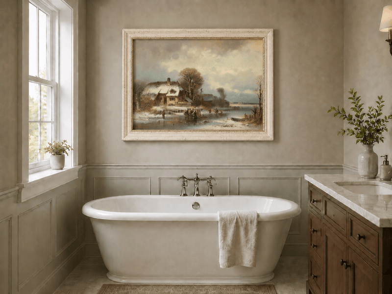 Peinture à l'huile de paysage - Village côtier avec phare et coucher de soleil