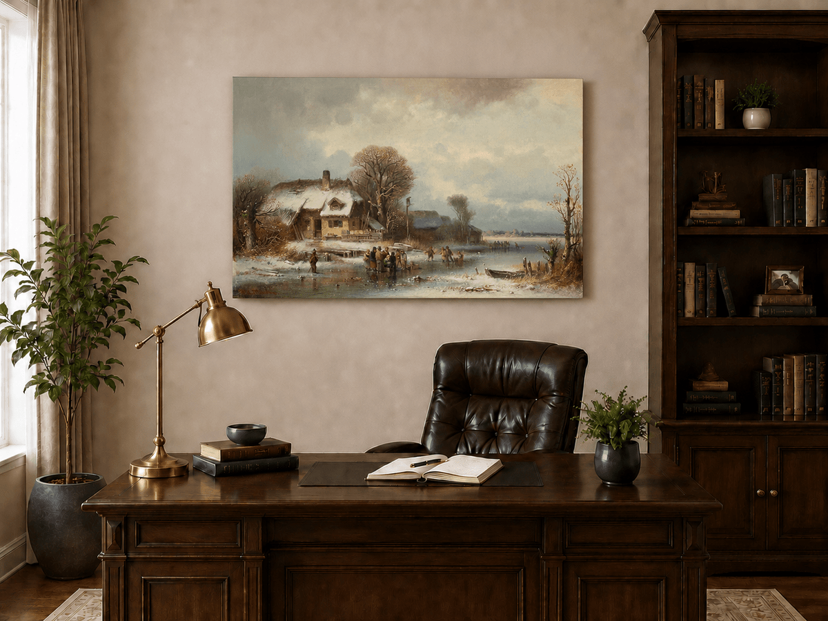 Peinture à l'huile de paysage - Village côtier avec phare et coucher de soleil