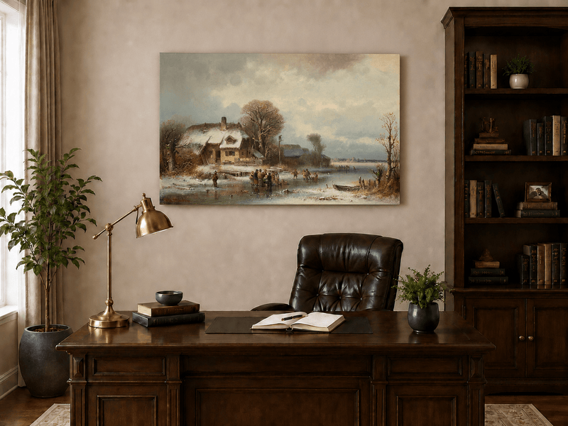 Peinture à l'huile de paysage - Village côtier avec phare et coucher de soleil