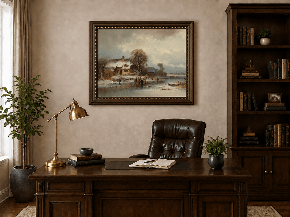 Peinture à l'huile de paysage - Village côtier avec phare et coucher de soleil