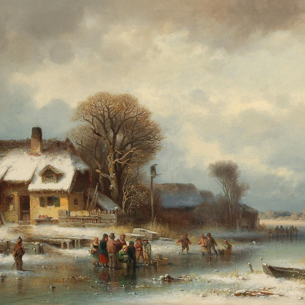 Landscape Oil Painting - Snowy Cottage and Winter Lake Scene - Oil Painting Haven