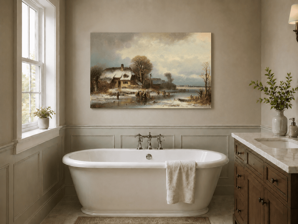Peinture à l'huile de paysage - Village côtier avec phare et coucher de soleil