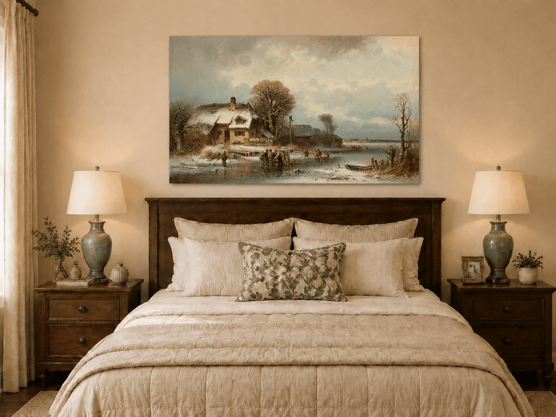 Peinture à l'huile de paysage - Village côtier avec phare et coucher de soleil