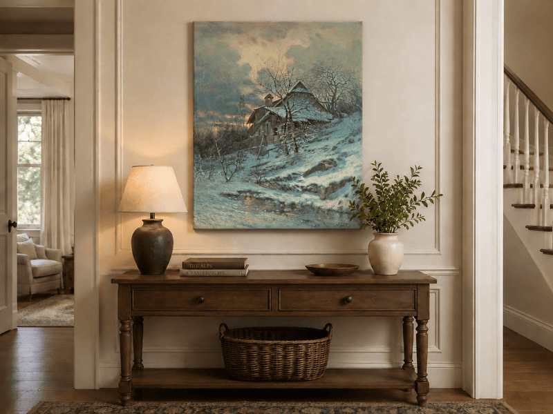 Landscape Oil Painting - Snowy Cottage by Stream and Bare Trees