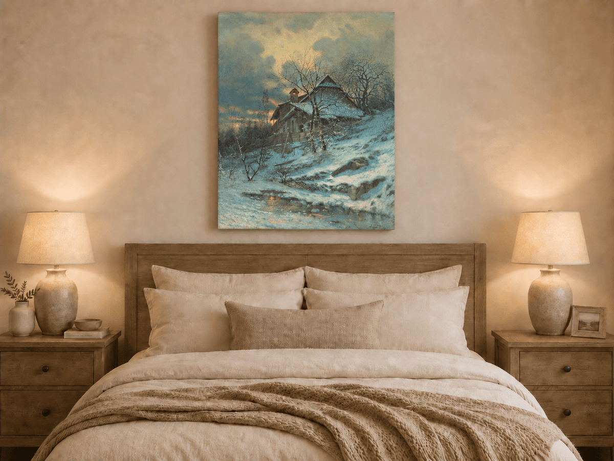 Landscape Oil Painting - Snowy Cottage by Stream and Bare Trees