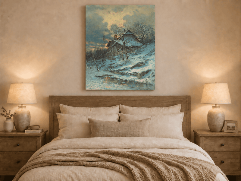 Landscape Oil Painting - Snowy Cottage by Stream and Bare Trees