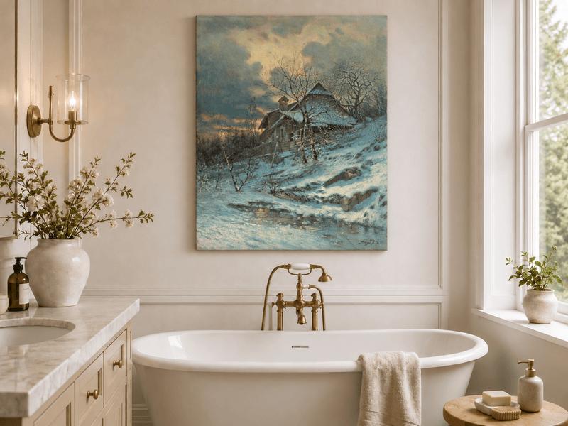 Landscape Oil Painting - Snowy Cottage by Stream and Bare Trees