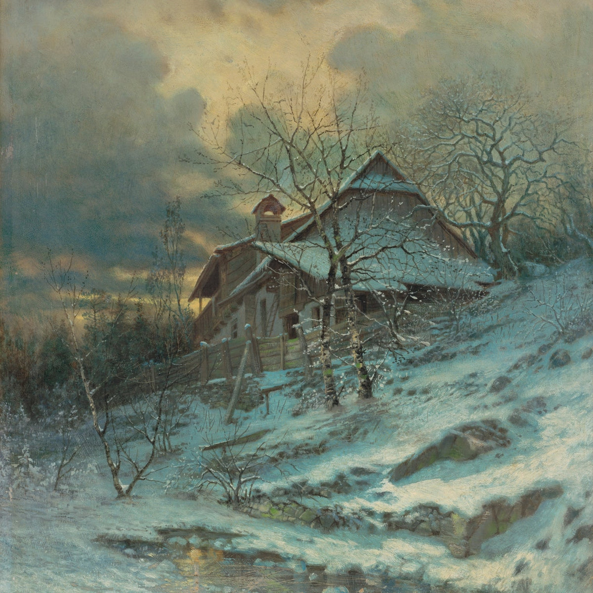 Hand-painted snowy cottage by stream and bare trees landscape oil painting on canvas