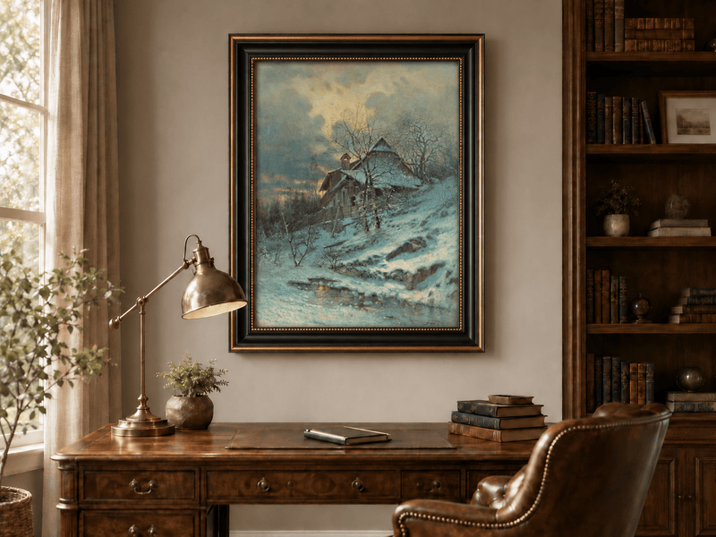 Landscape Oil Painting - Snowy Cottage by Stream and Bare Trees