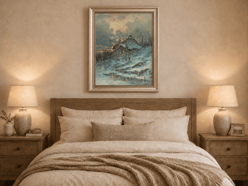 Landscape Oil Painting - Snowy Cottage by Stream and Bare Trees