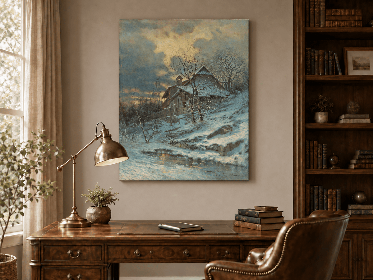 Landscape Oil Painting - Snowy Cottage by Stream and Bare Trees