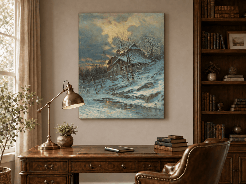 Landscape Oil Painting - Snowy Cottage by Stream and Bare Trees