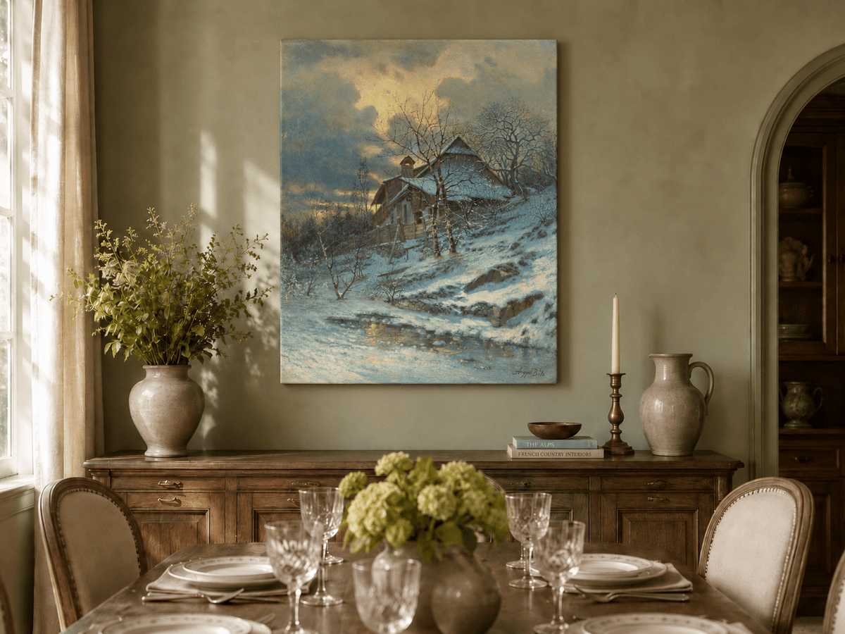 Landscape Oil Painting - Snowy Cottage by Stream and Bare Trees