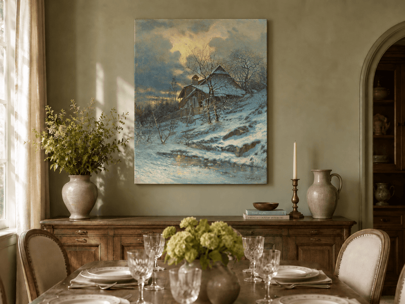 Landscape Oil Painting - Snowy Cottage by Stream and Bare Trees