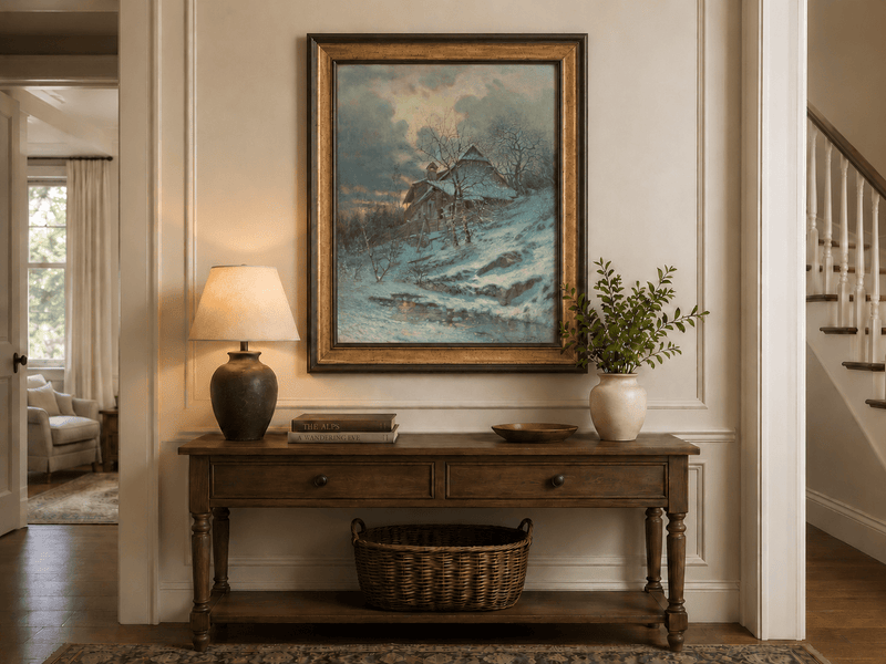 Landscape Oil Painting - Snowy Cottage by Stream and Bare Trees