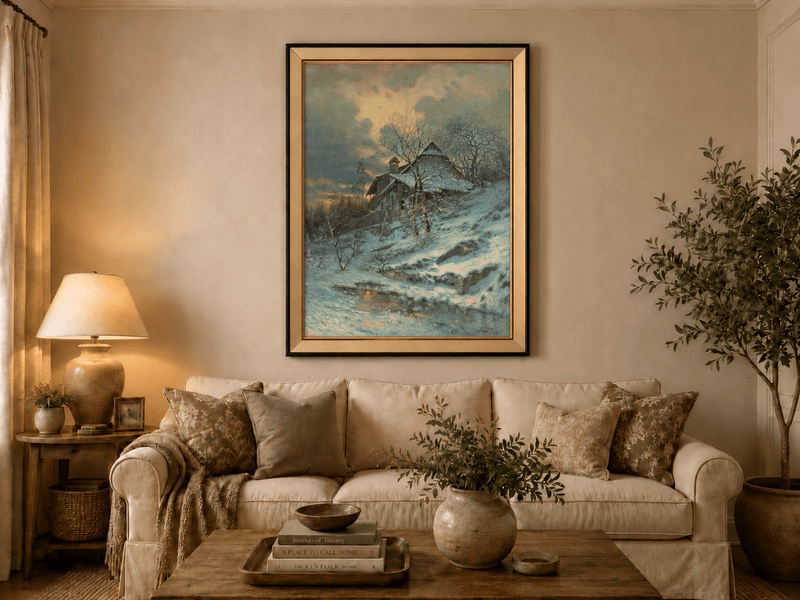 Landscape Oil Painting - Snowy Cottage by Stream and Bare Trees