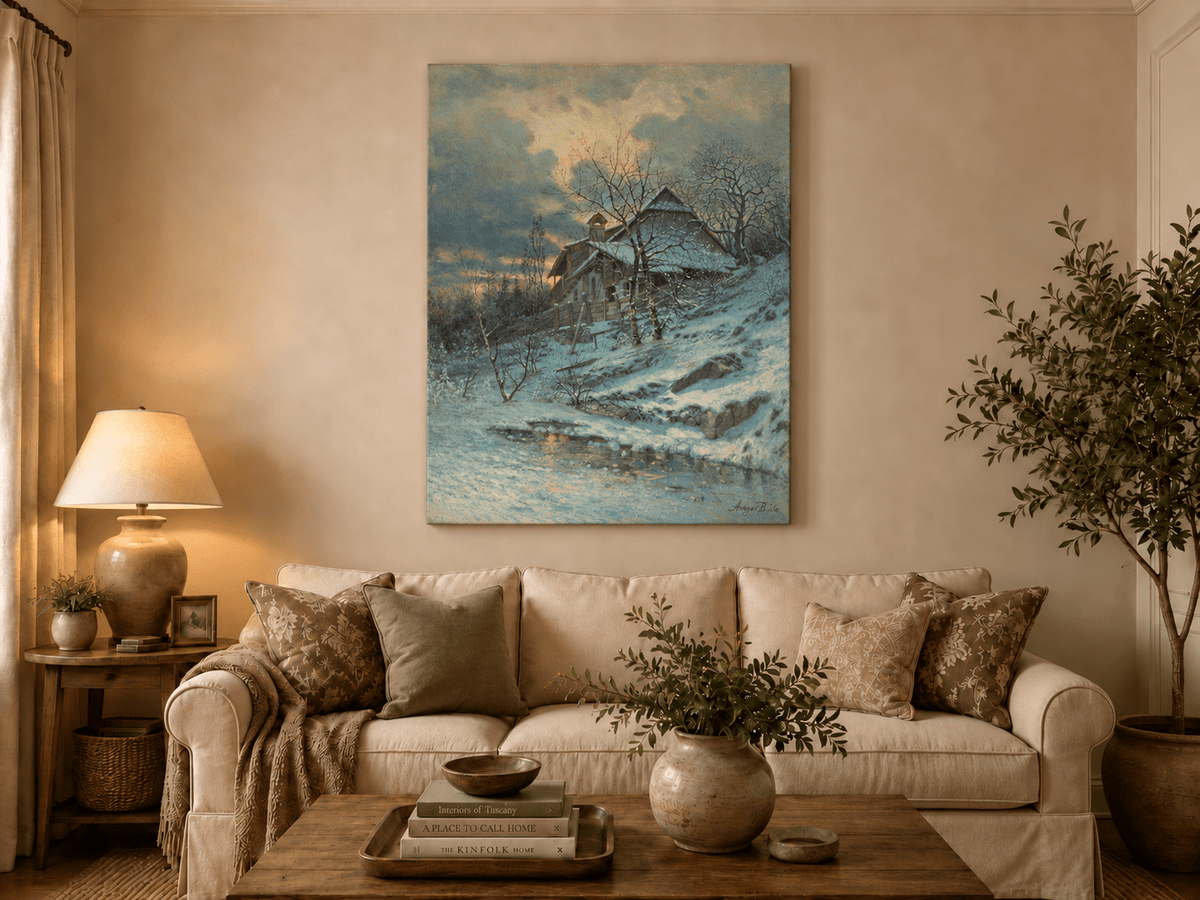 Landscape Oil Painting - Snowy Cottage by Stream and Bare Trees